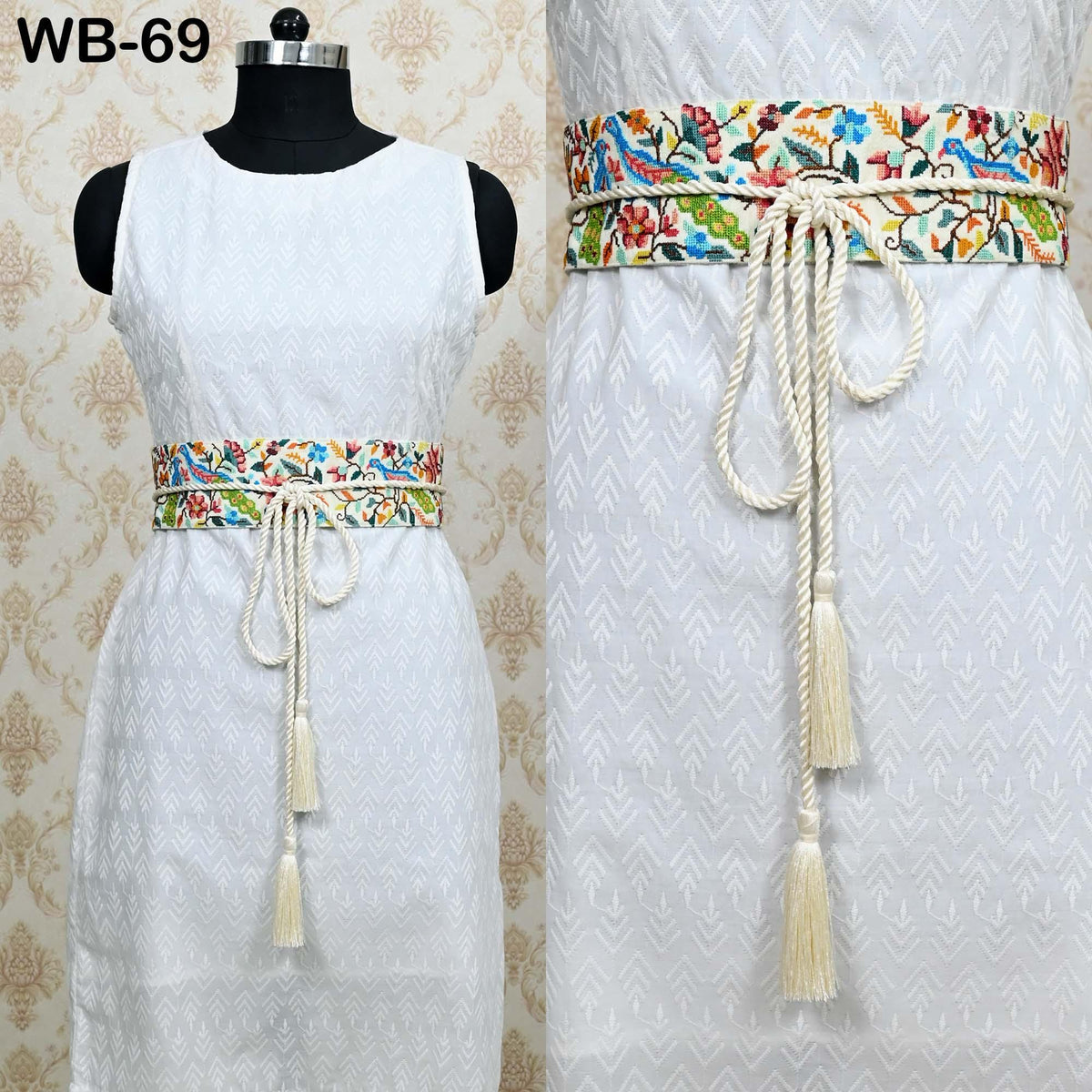Reversible Embroidered Obi Belt: Bohemian Ethnic Sash with Tassels – Customizable Summer Wedding Accessory