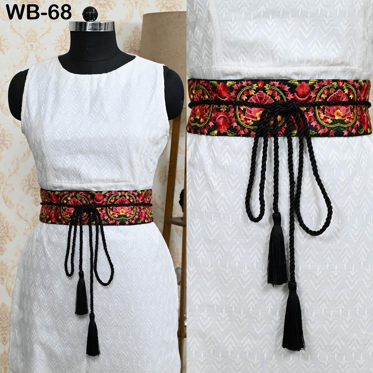 Embroidered Belt Obi Sash, Reversible Brocade Velvet, Boho Ethnic Wrap (Adjustable S-XL, Red Green)
