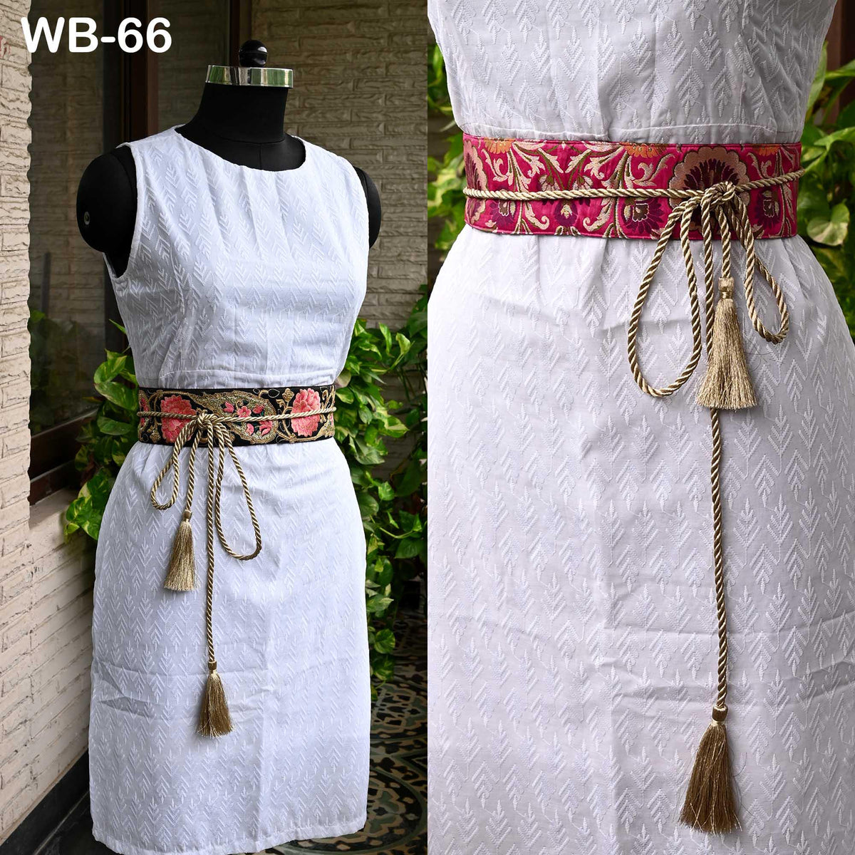 Embroidered Belt, Boho Reversible Sash - Wine Floral Brocade, Velvet Back | Adjustable S/M-XL, Tassel Ties