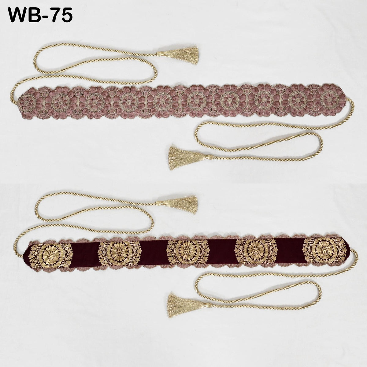 two decorative belts with tassels, one in a burgundy color and the other in a gold color.