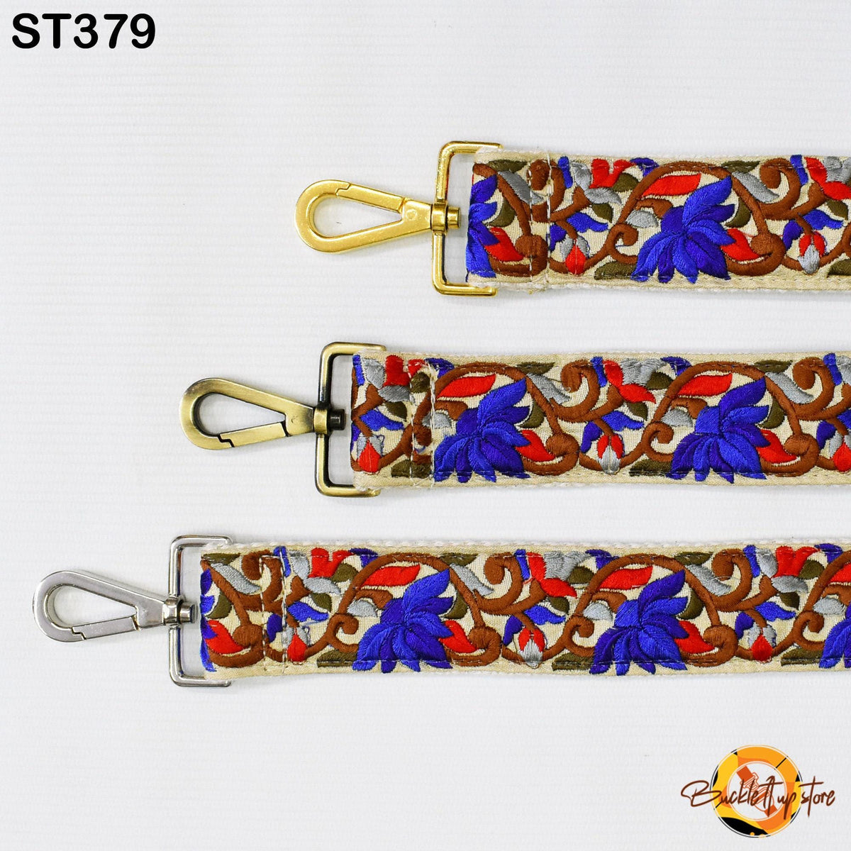 three straps with different designs, including floral patterns in blue, red, and brown colors.