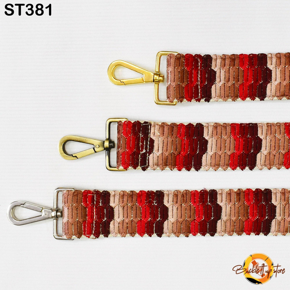 three different straps with metal hooks and metal loops, arranged in a row against a white background.