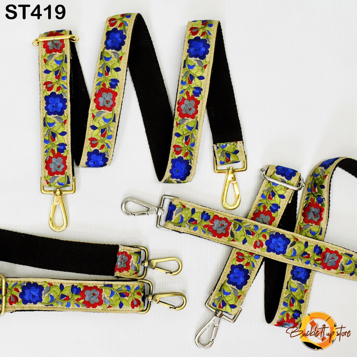 a collection of colorful, embroidered straps with floral patterns in various shades of blue, red, and green. The straps appear to be made of fabric and are arranged in a way that showcases their intricate designs.