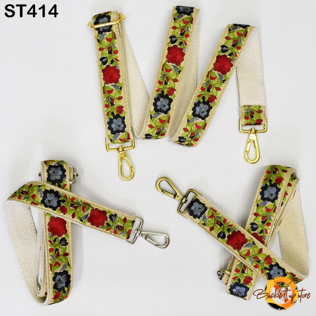 a collection of beige straps with floral embroidery, featuring various designs and patterns.