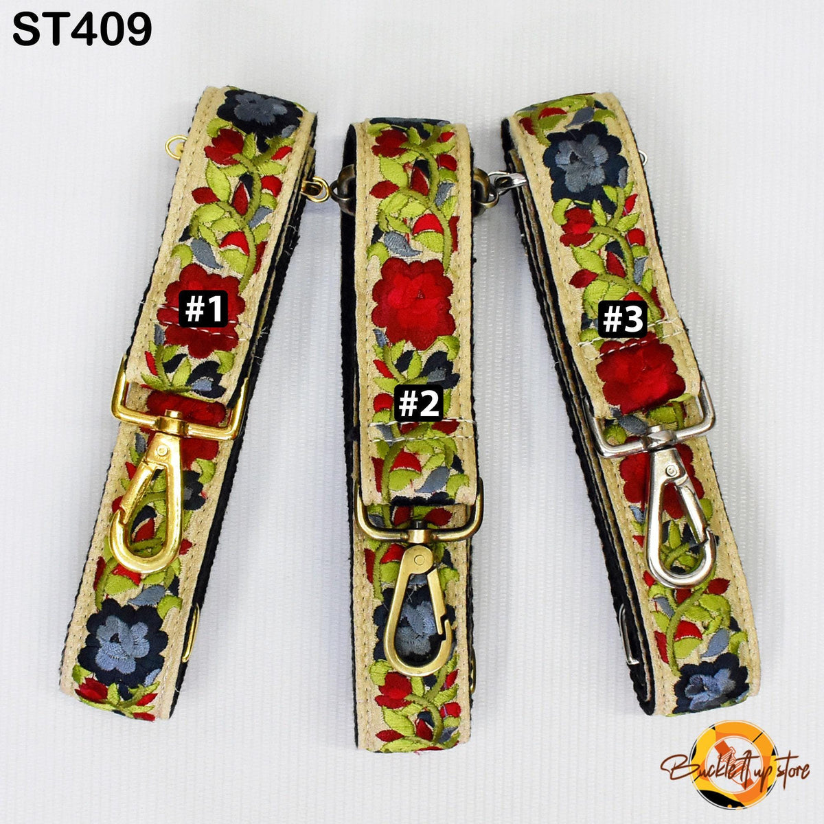 Three colorful floral straps with numbers 1, 2, and 3 printed on them, each with a different color and pattern.