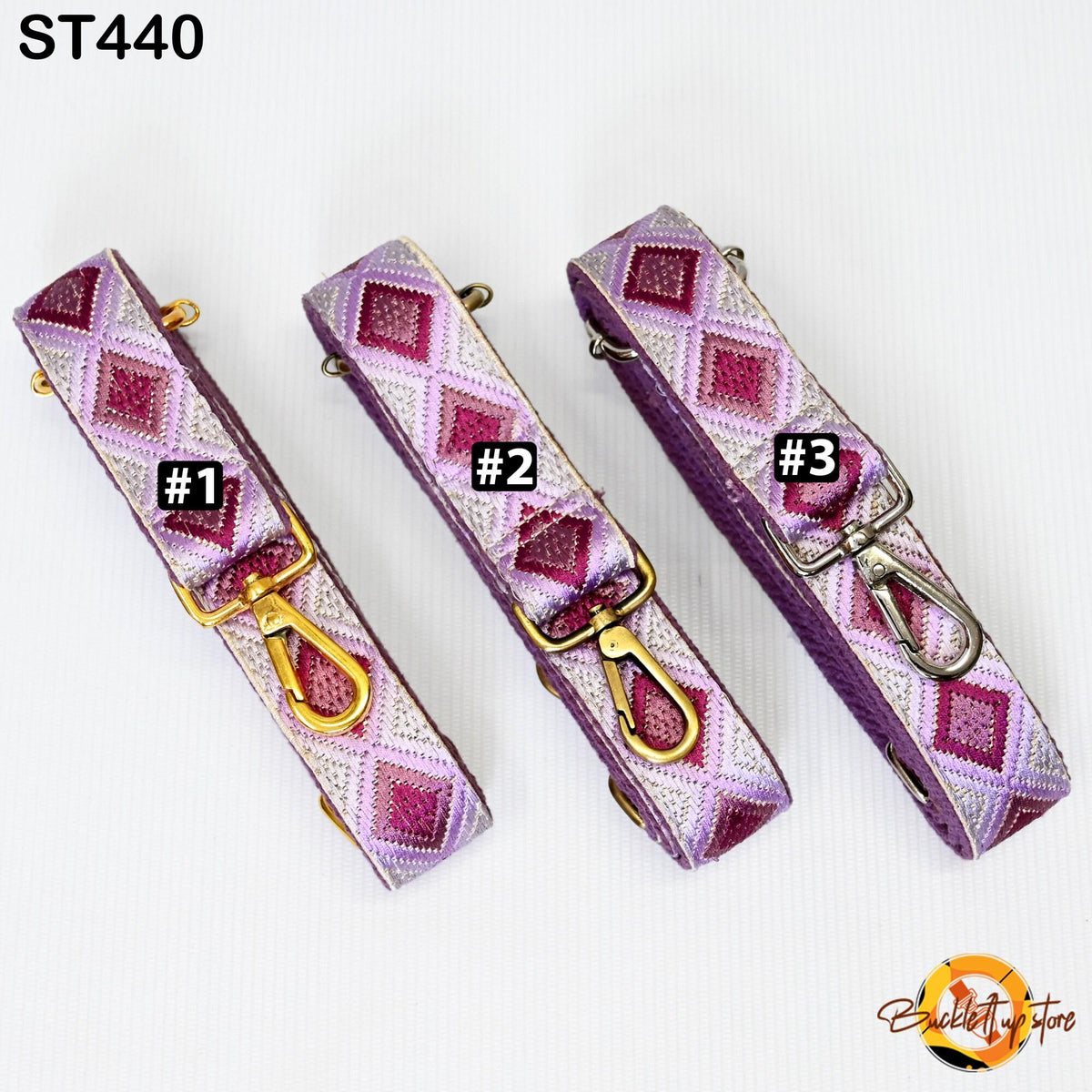 three colorful straps with numbers on them, arranged in a row.
