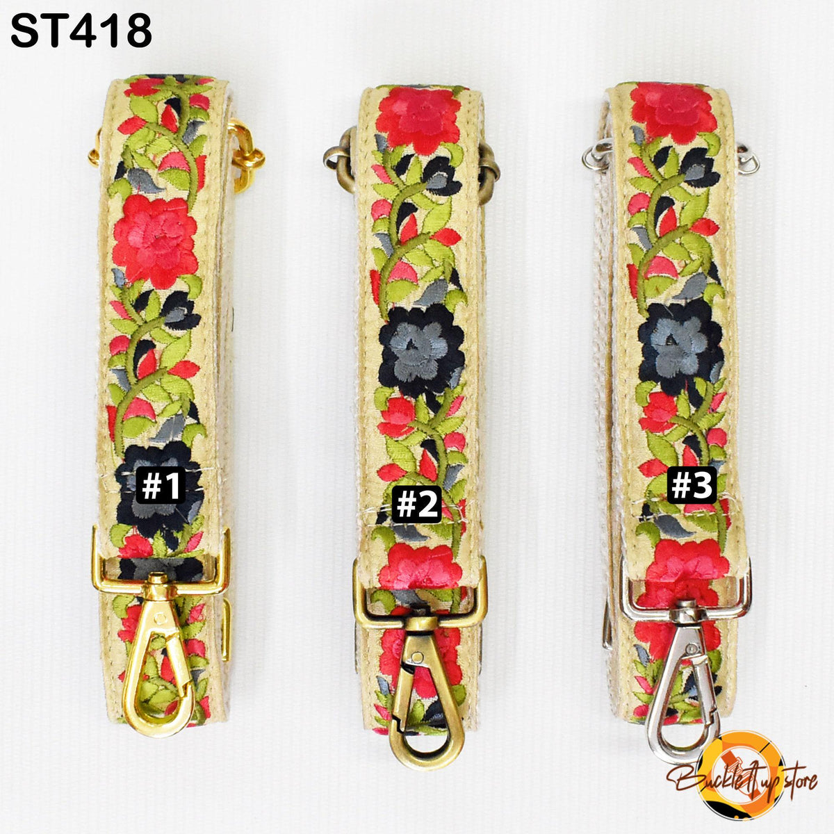 Three floral-patterned straps with numbers 1, 2, and 3 printed on them, each with a different color and design.