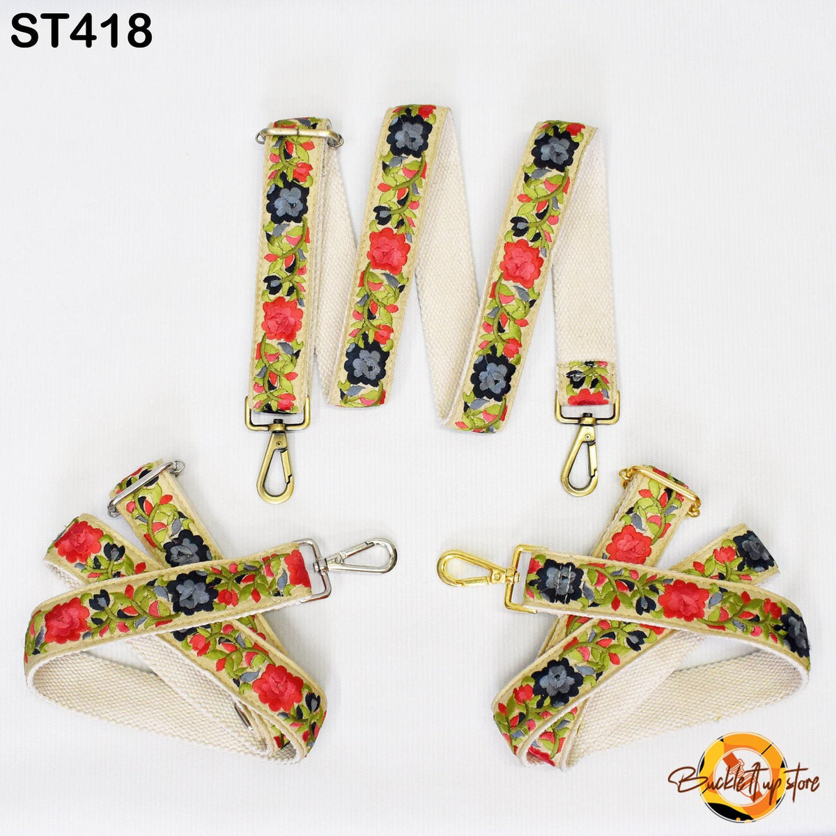 a collection of colorful floral-patterned straps and buckles, including a pair of straps with a floral design and a pair of straps with a geometric pattern.