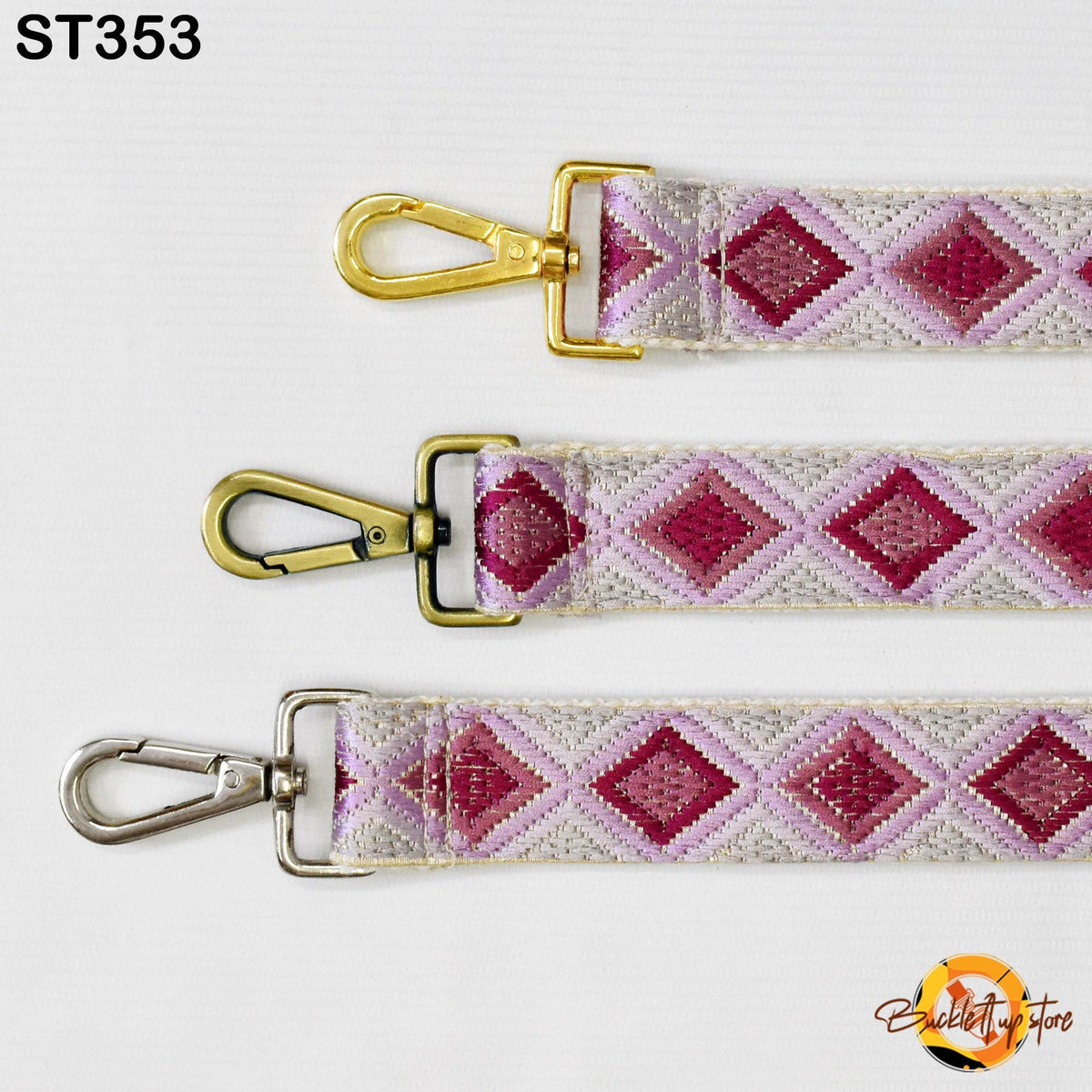three different straps with a geometric pattern in shades of pink and white.