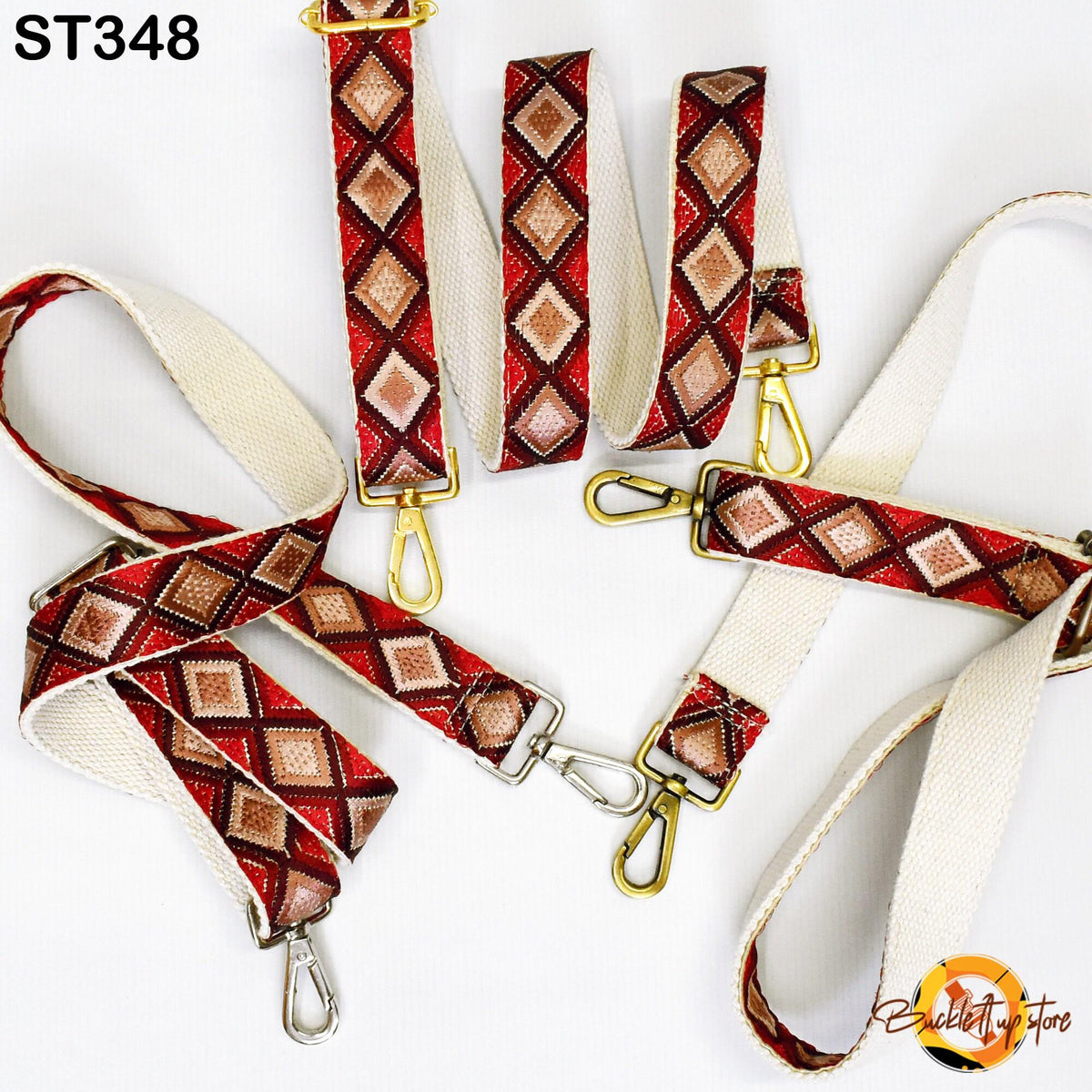 a collection of colorful straps with diamond patterns in red, white, and gold colors. The straps appear to be made of fabric and are arranged in a circular pattern on a white background.