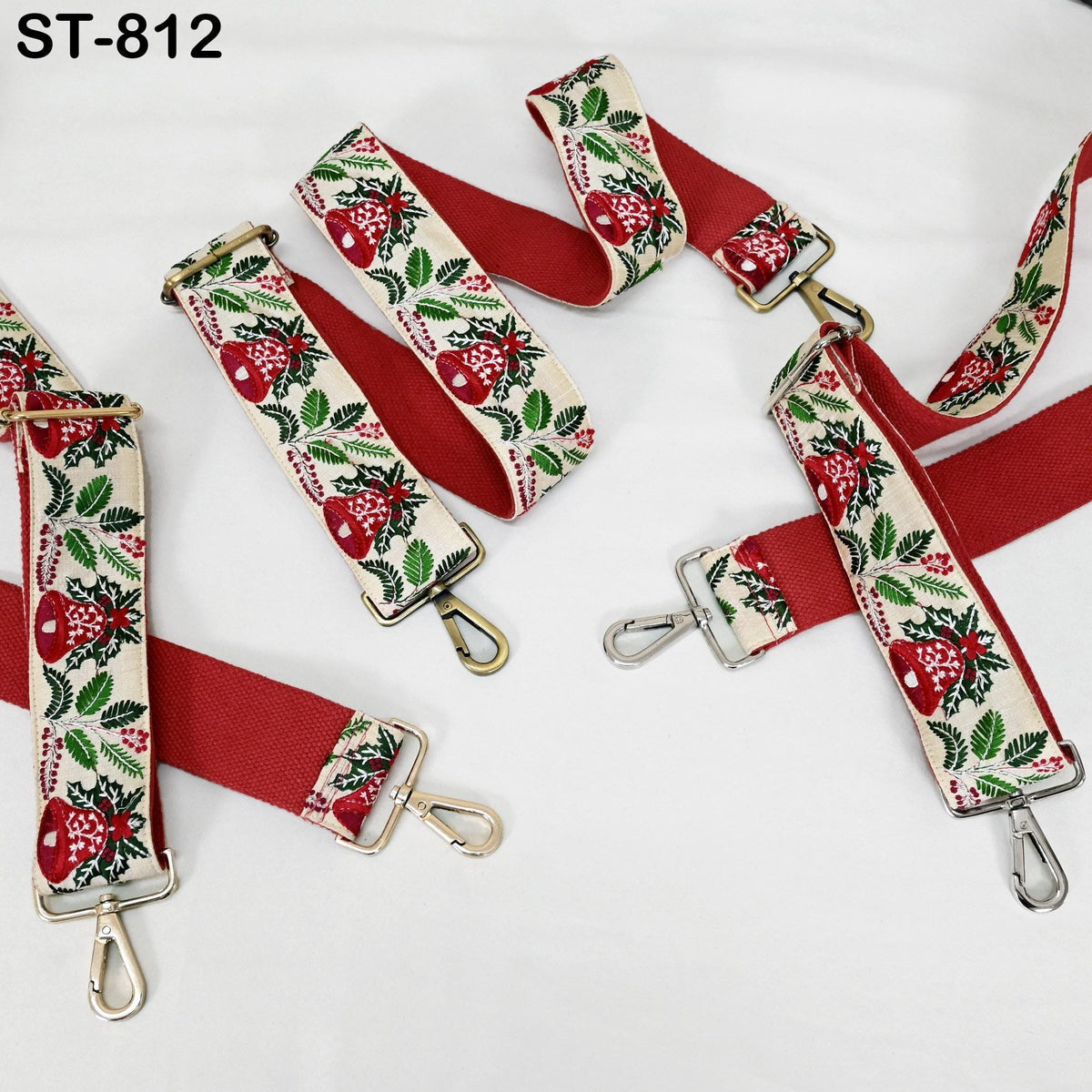 a collection of red and white straps with floral patterns, arranged on a white background.