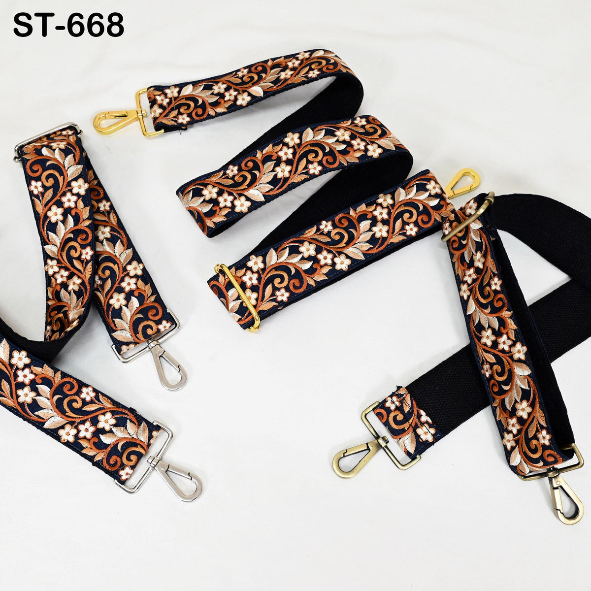 a collection of colorful, patterned straps with metal buckles, arranged on a white background.