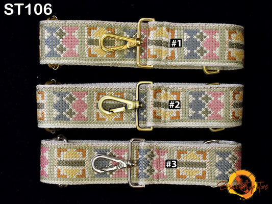 three colorful, patterned straps with metal buckles, each with a unique number printed on it.