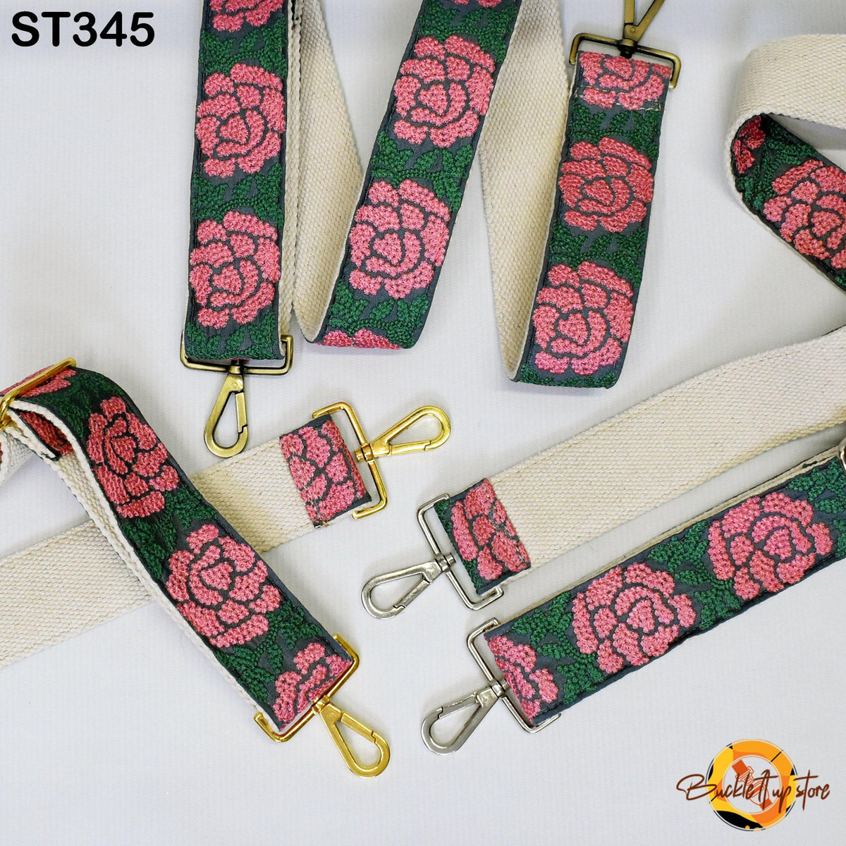 a collection of colorful straps with floral patterns, including green and pink roses, arranged on a white background.