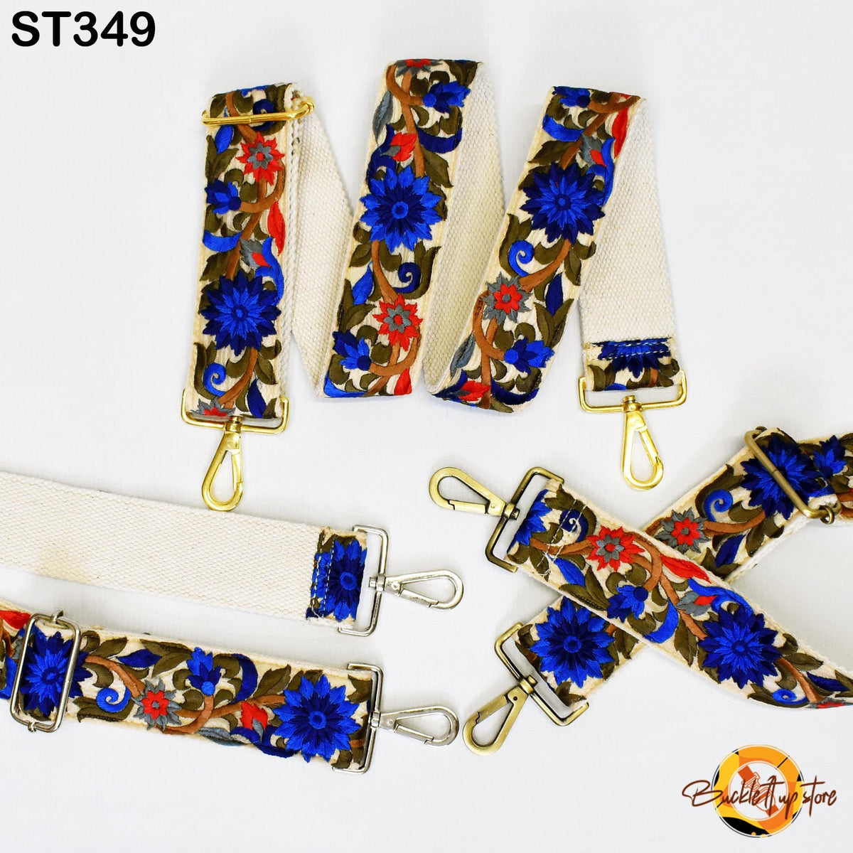 a collection of colorful floral straps, each with a gold metal buckle, arranged on a white background.