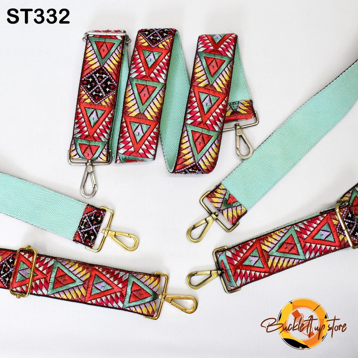 a collection of colorful patterned straps, including a teal strap with a geometric design and several other straps with different patterns.