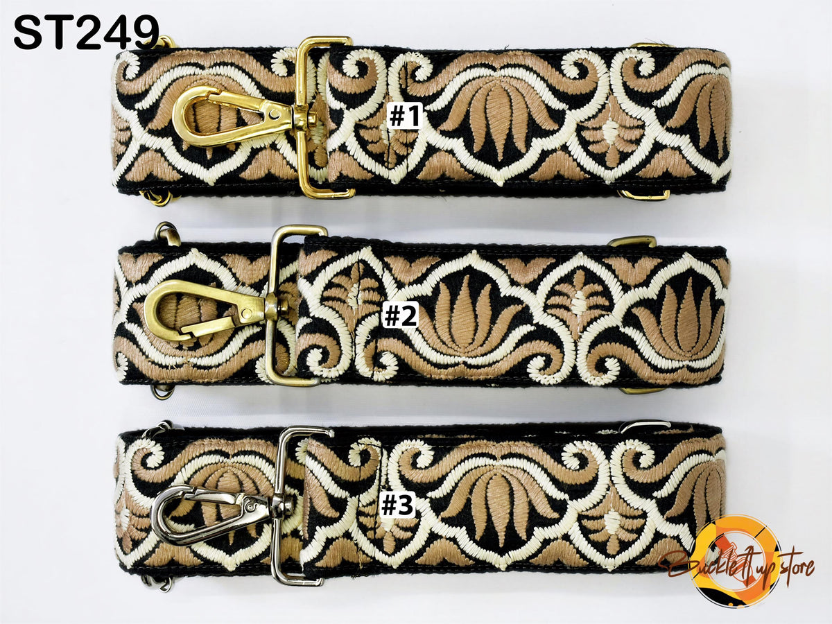 three straps with a floral pattern in shades of brown and white. Each strap has a unique design and is labeled with a number, indicating that they are individual items.