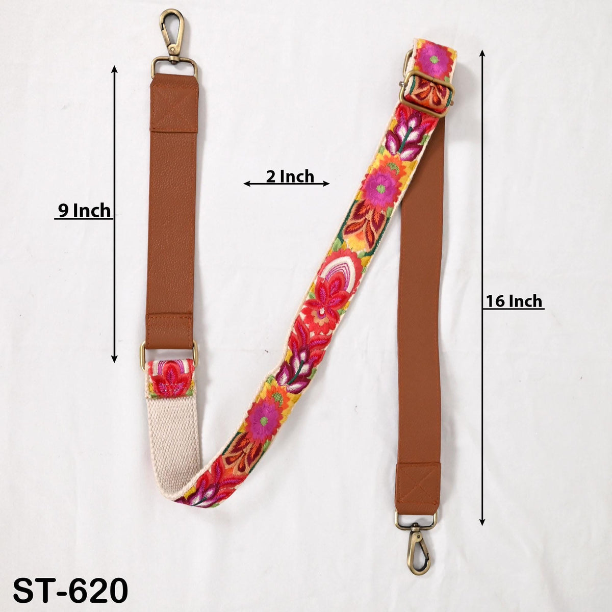 a colorful strap with floral patterns, measuring 9 inches in length and 16 inches in width.