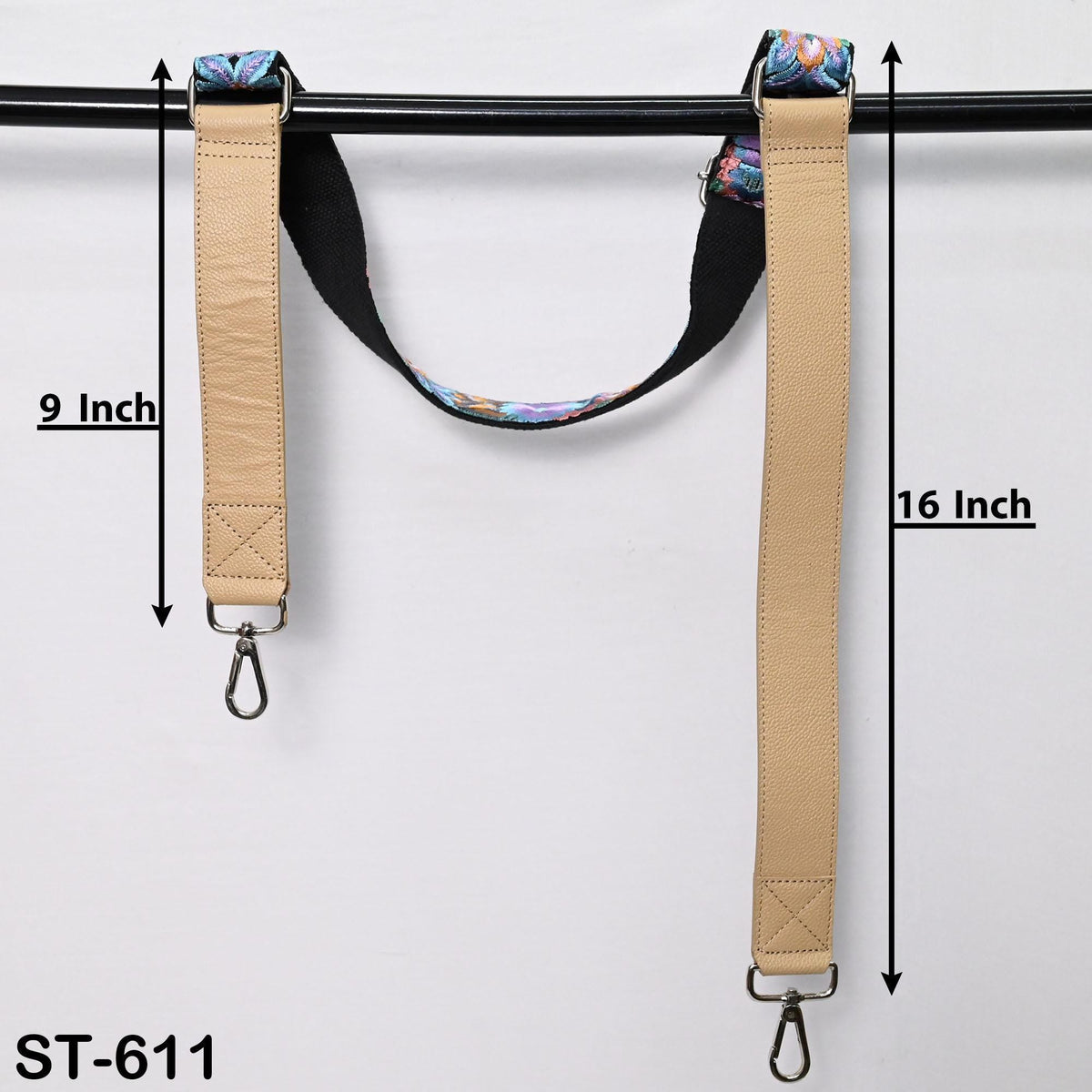 two straps, one 9 inches long and one 16 inches long, hanging on a black bar.