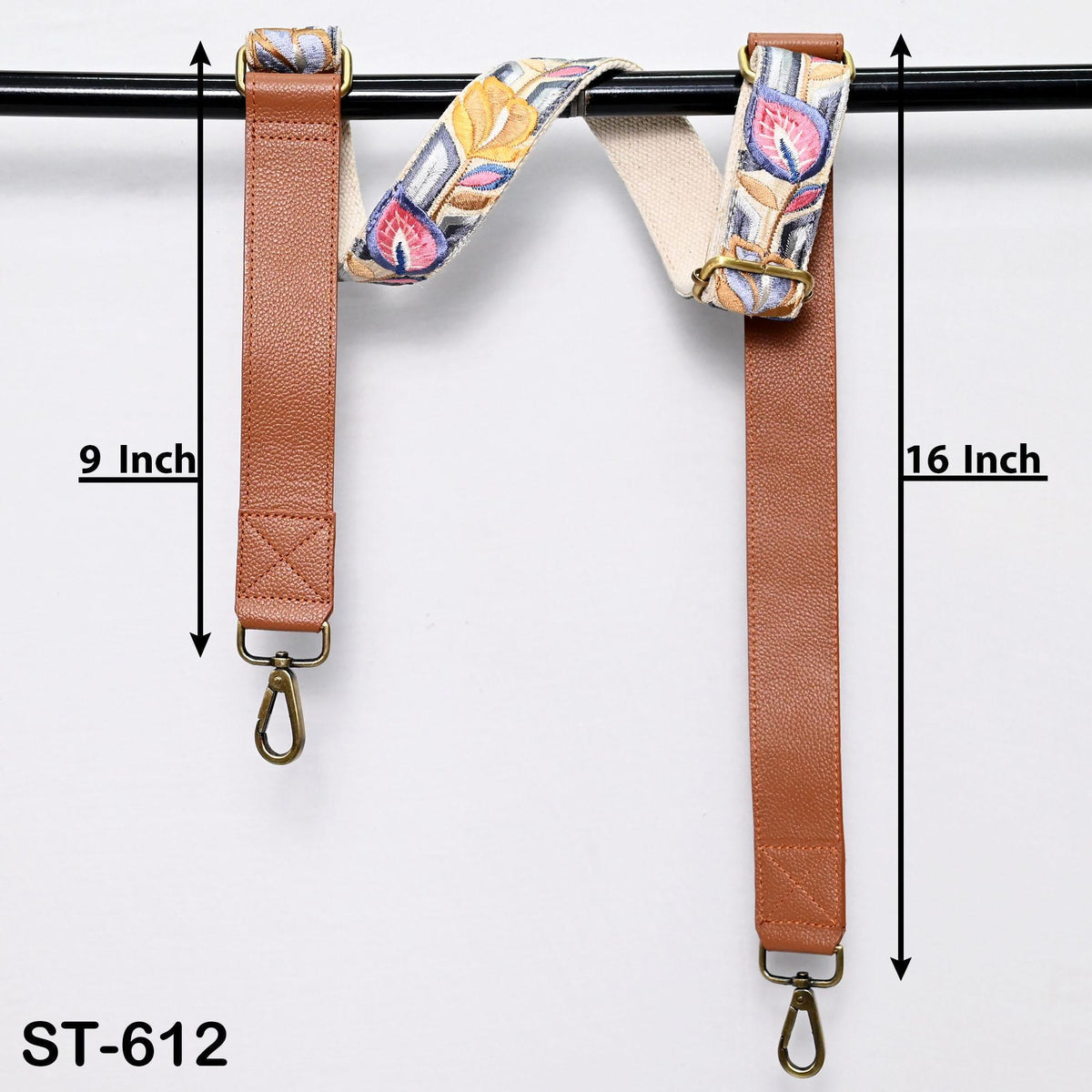 a pair of brown leather straps with a floral pattern, hanging on a black rod. The straps are 9 inches long and 16 inches long, as indicated by the text.
