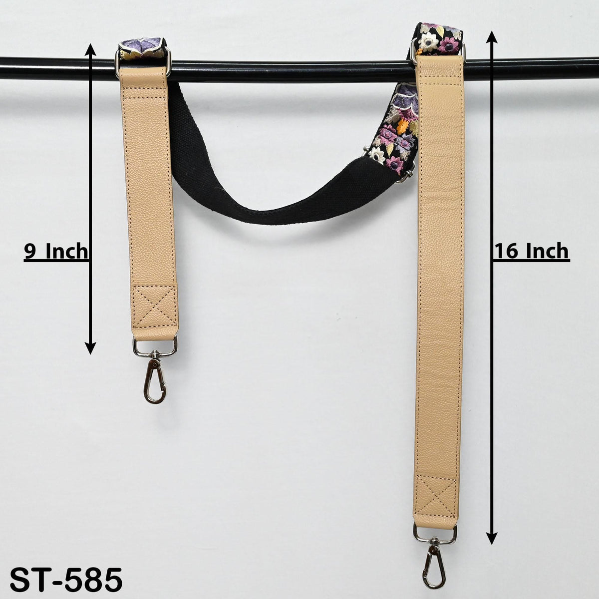 a pair of tan leather straps with floral patterns, hanging on a black bar. The straps are 9 inches long and 16 inches long, as indicated by the text "9 Inch" and "16 Inch" respectively.