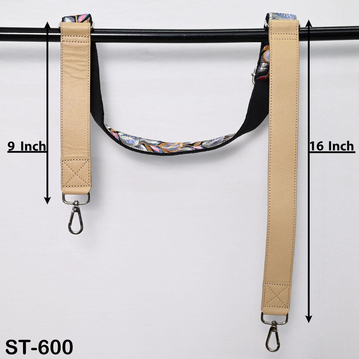 two tan leather straps with metal hooks, hanging on a black bar. The straps are labeled with measurements, indicating they are 9 inches and 16 inches long.