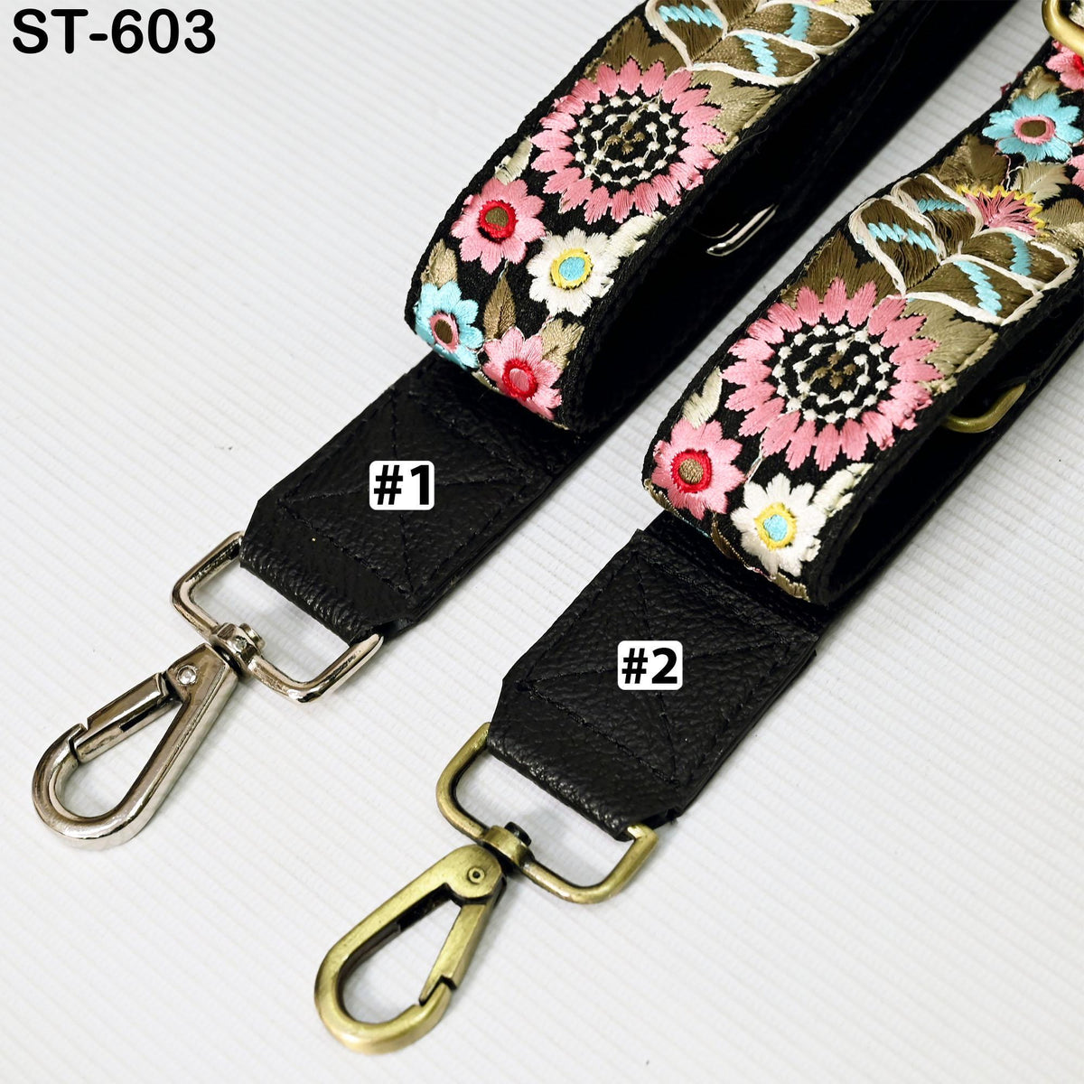 two colorful straps with floral patterns, one with a black strap and the other with a gold strap.
