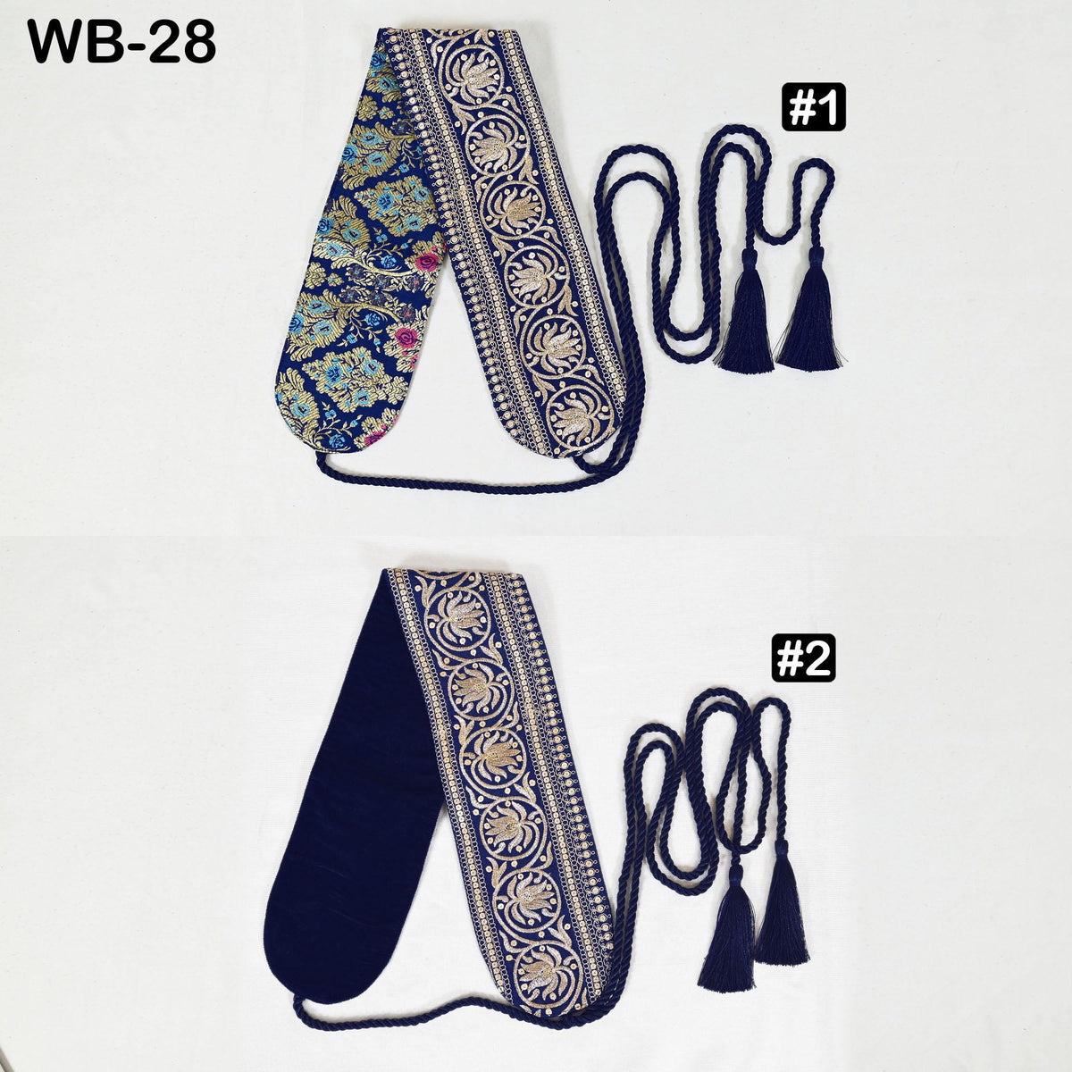 two neckties with decorative patterns and tassels, arranged side by side.