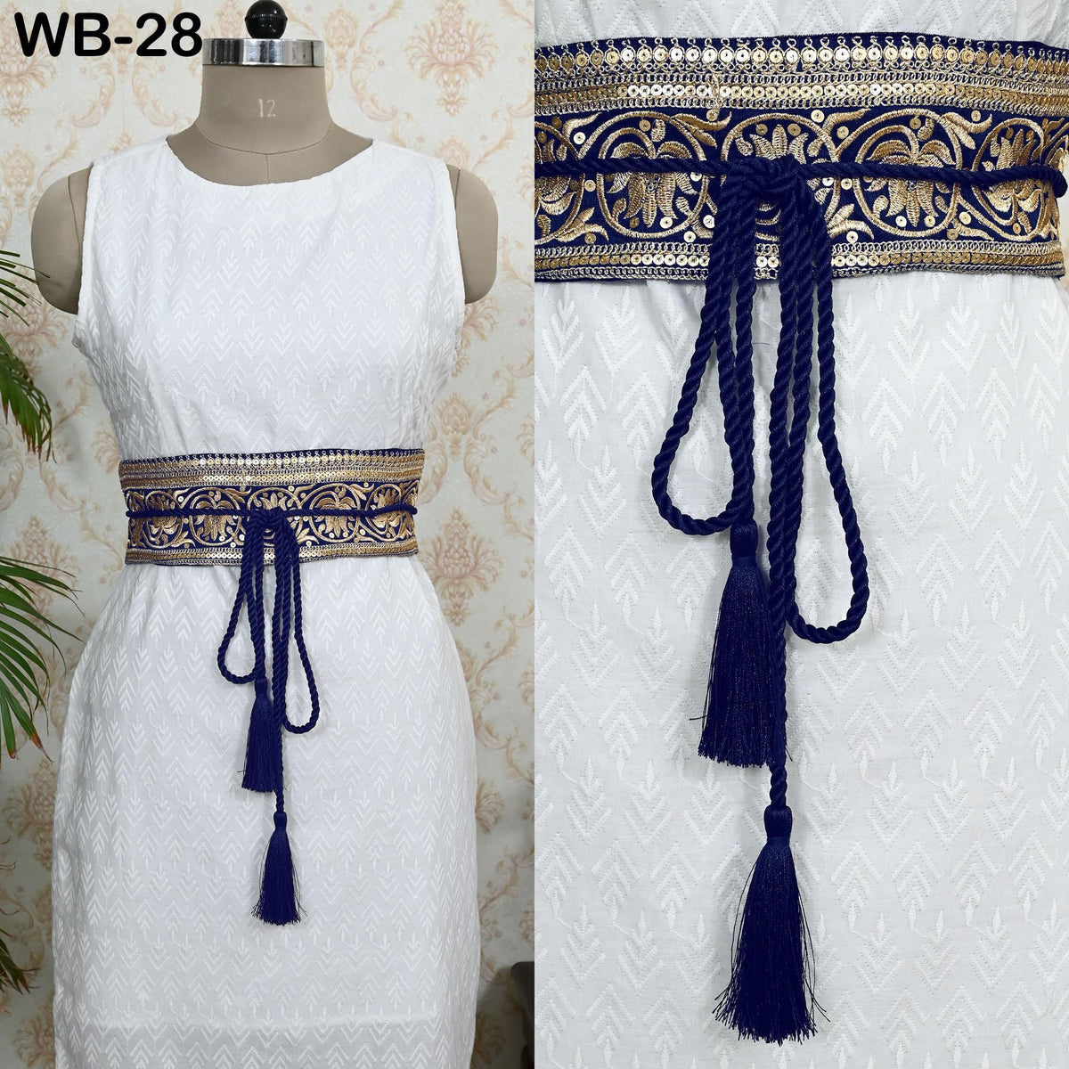 a white dress with a decorative belt and tassels. The dress is displayed on a mannequin, and the image is a close-up view of the belt and tassels.