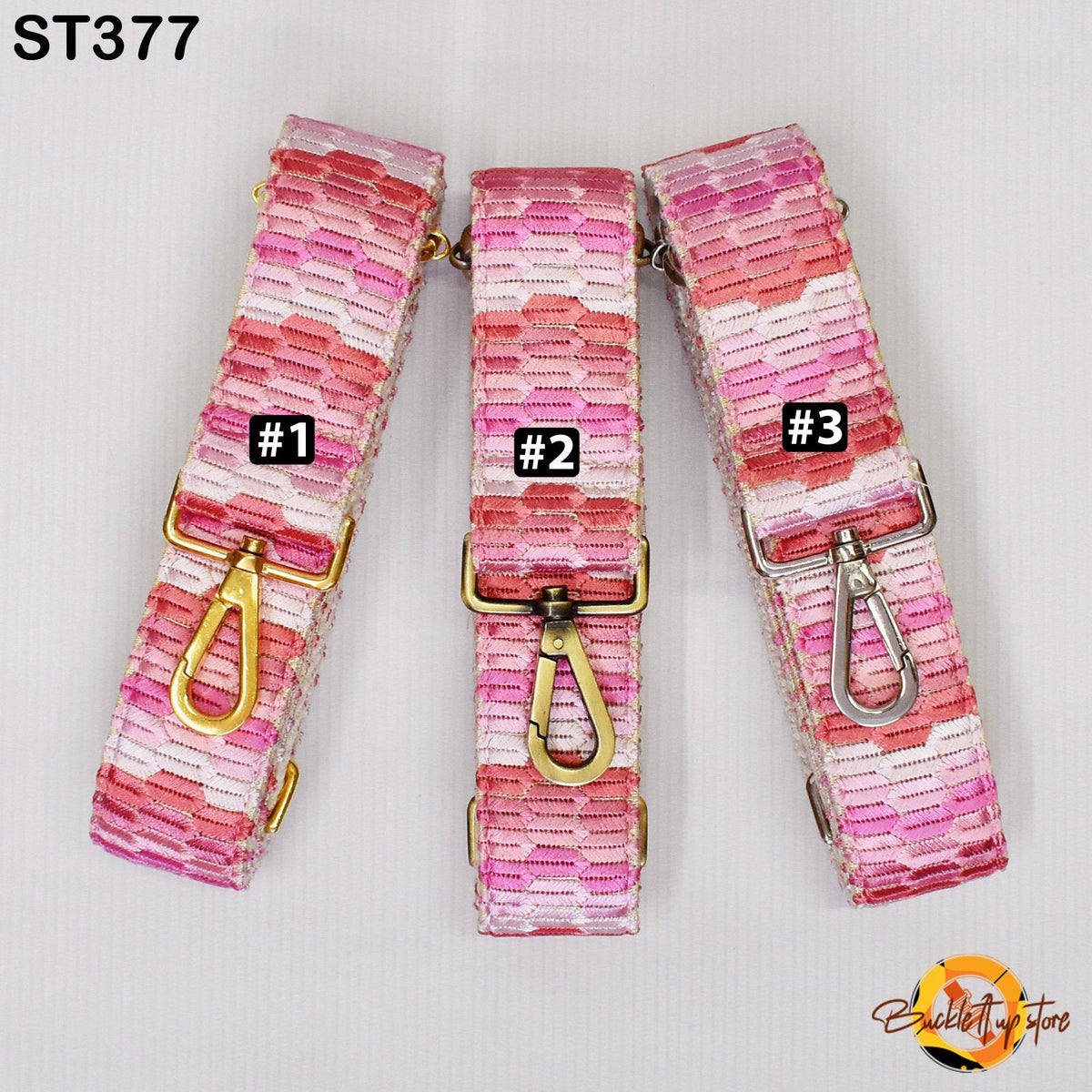 Three colorful straps with different numbers on them, placed side by side.