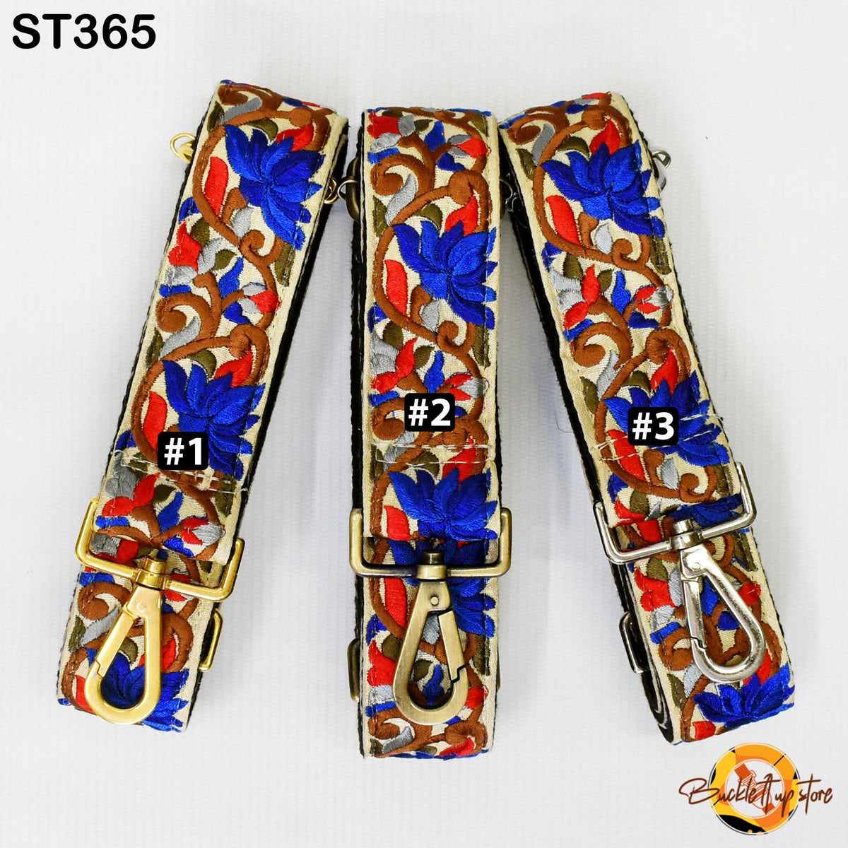 Three colorful straps with floral patterns, each with a different number printed on it.
