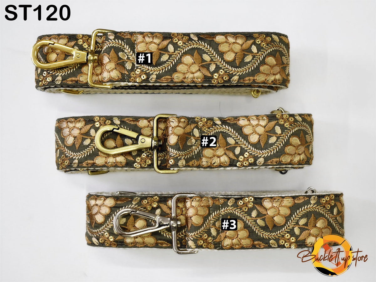 three straps with a floral pattern, each with a different number printed on it.