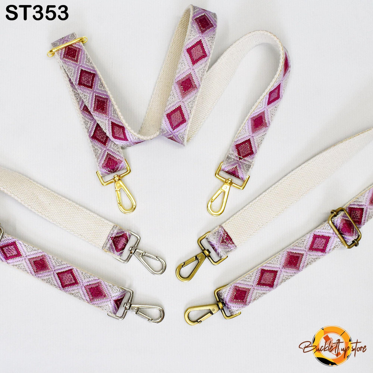 a collection of colorful straps with geometric patterns, including a white strap with a pink and purple diamond pattern and a beige strap with a red and purple diamond pattern.