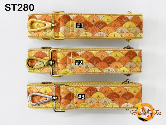 three colorful straps with different patterns, arranged in a row.