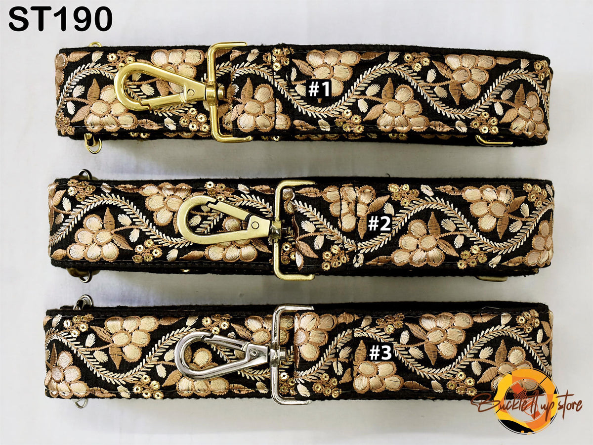 three straps with floral patterns, each with a different number printed on it.