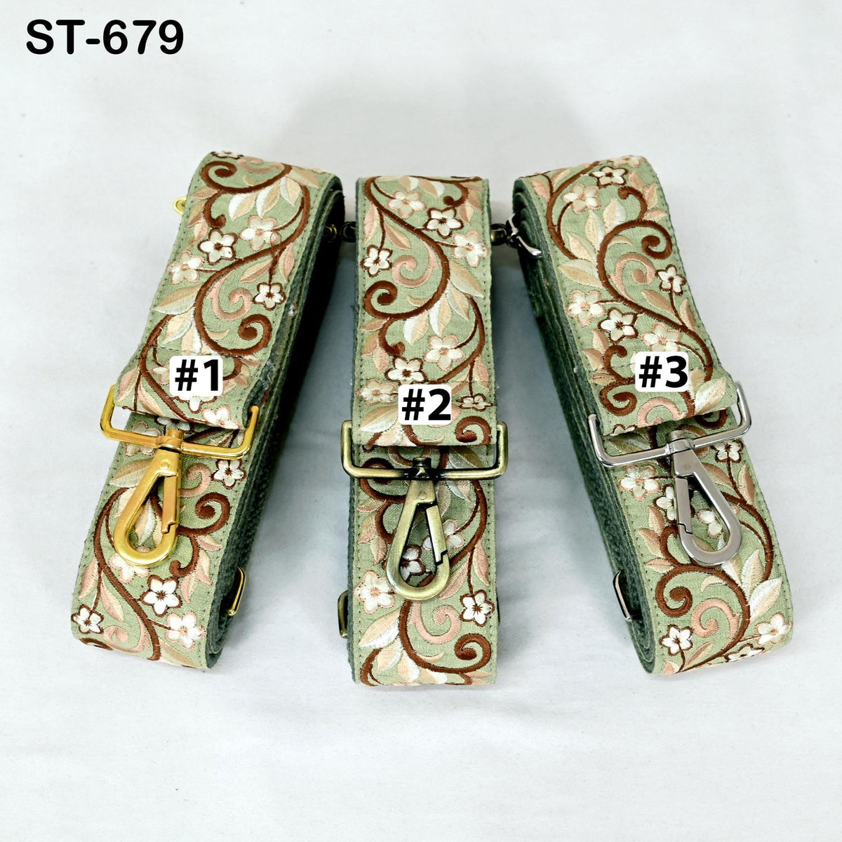 Three floral patterned straps with numbers 1, 2, and 3 attached to them, each with a different color and design.
