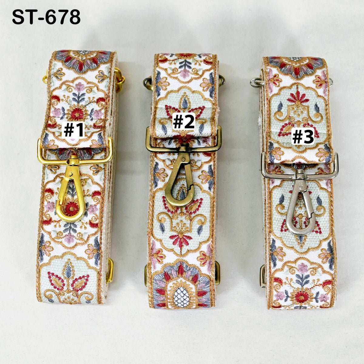 Three colorful, patterned straps with numbers 1, 2, and 3 printed on them, each with a different color and design.