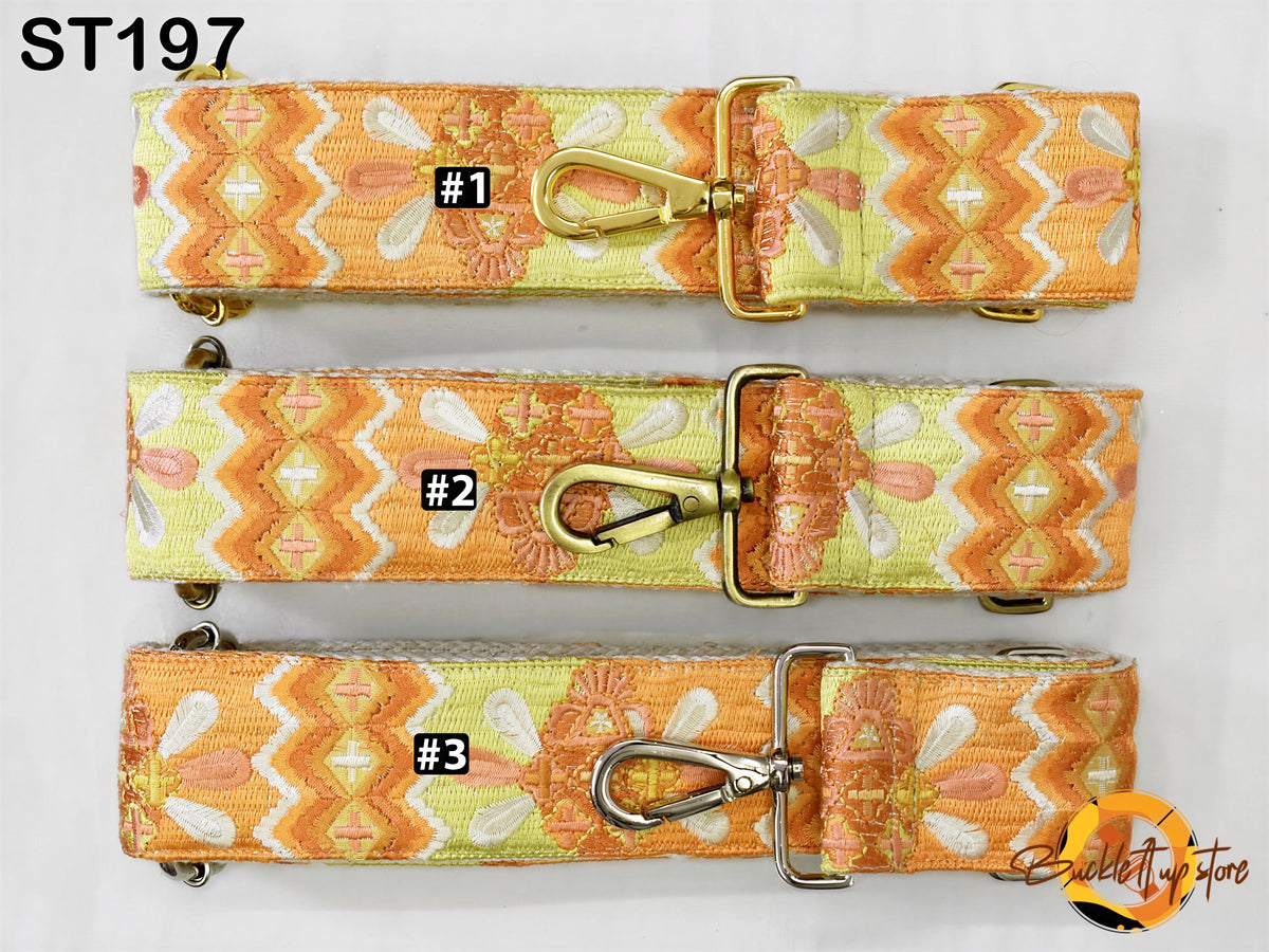 three colorful straps with different patterns, arranged in a row.