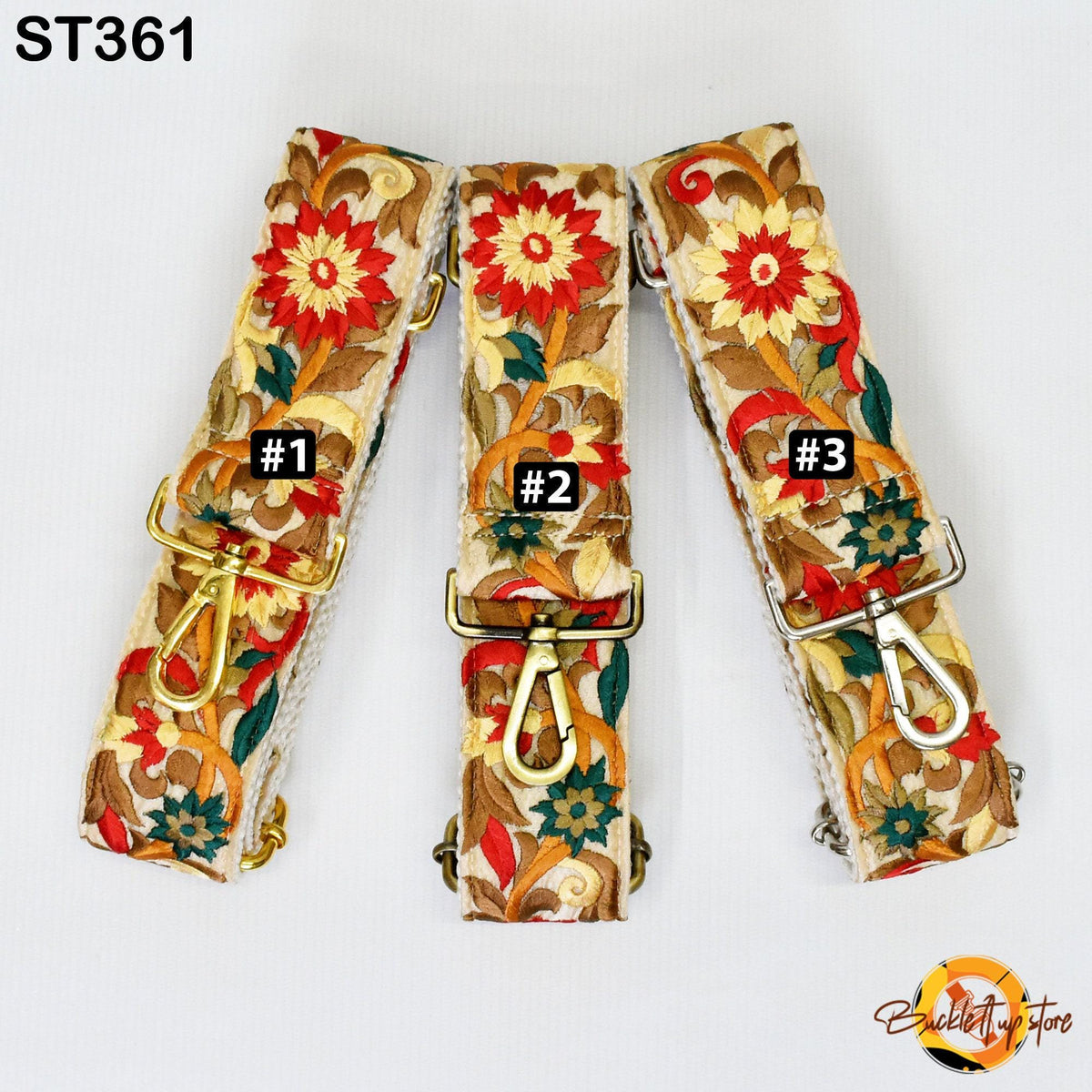 Three colorful floral straps with numbers 1, 2, and 3 printed on them, arranged in a row.