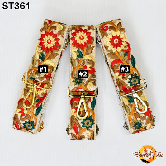 Three colorful floral straps with numbers 1, 2, and 3 printed on them, arranged in a row.