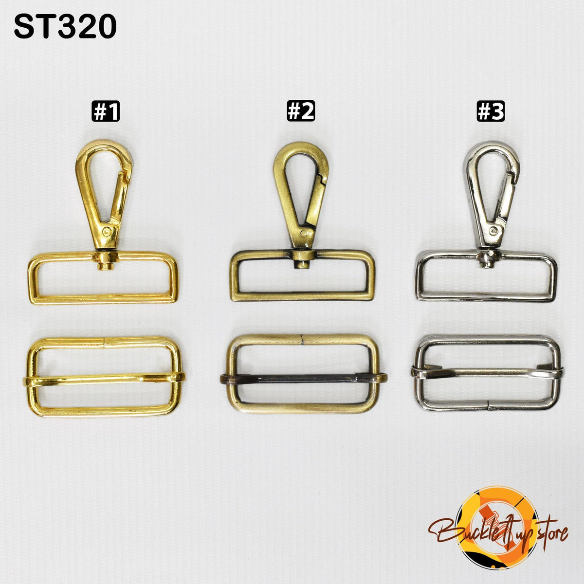 three different types of metal fasteners, each with a unique design and color, arranged in a row.