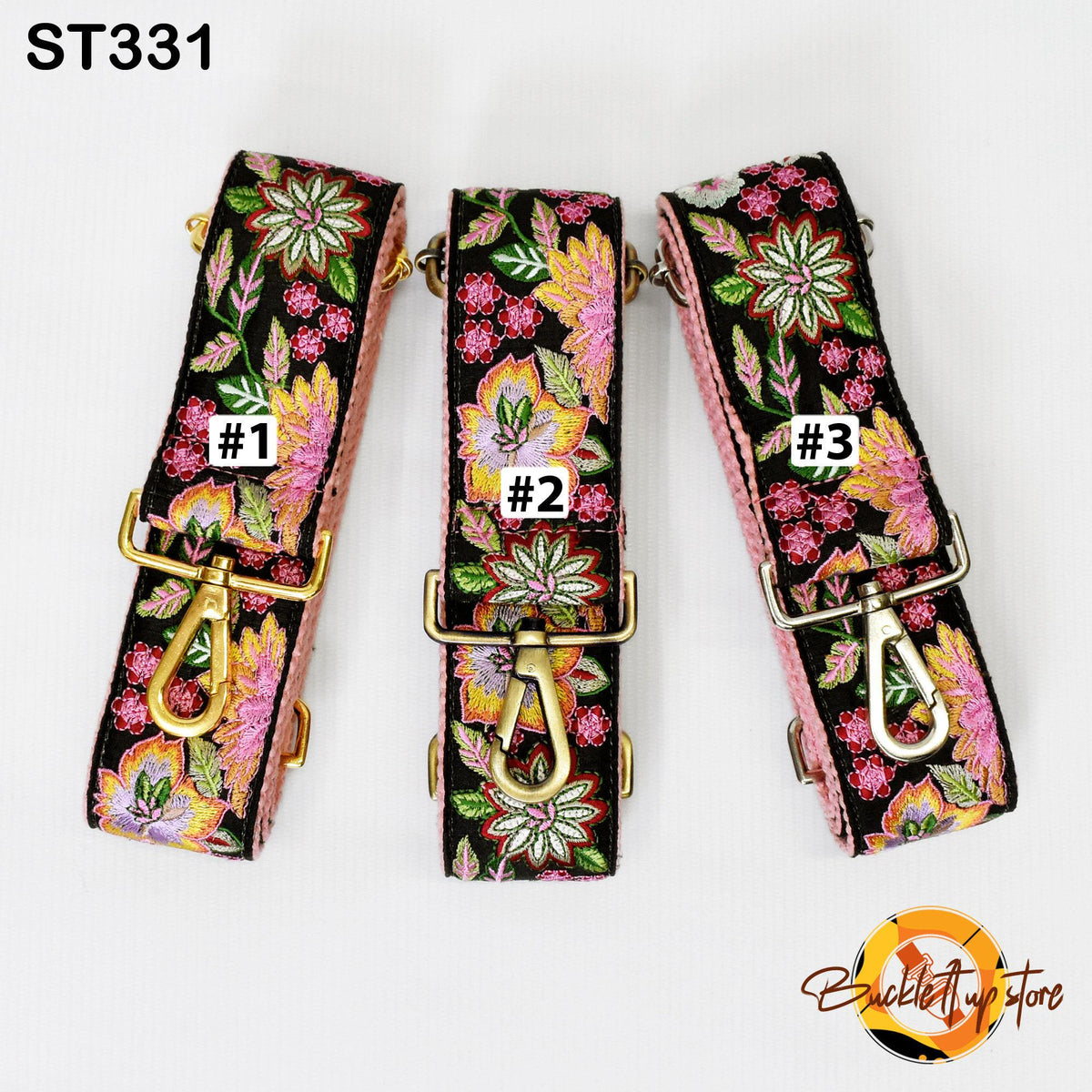 Three colorful floral straps with numbers 1, 2, and 3 printed on them, arranged in a row.
