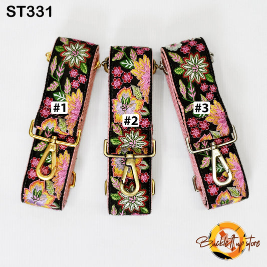 Three colorful floral straps with numbers 1, 2, and 3 printed on them, arranged in a row.