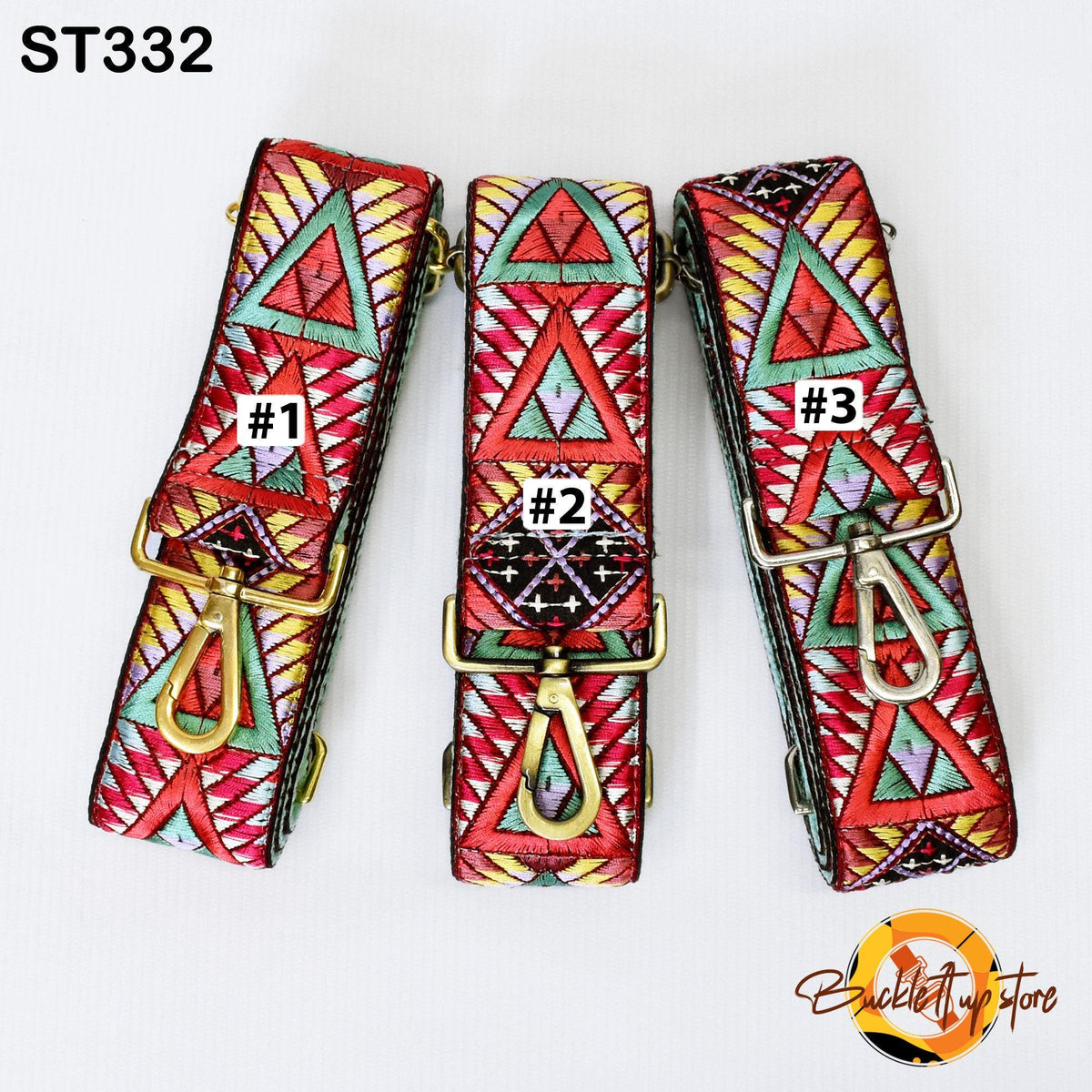 Three colorful, patterned straps with numbers on them, arranged in a row.