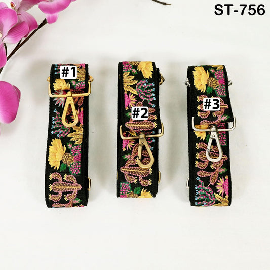 Three colorful floral straps with numbers on them, placed on a white background.