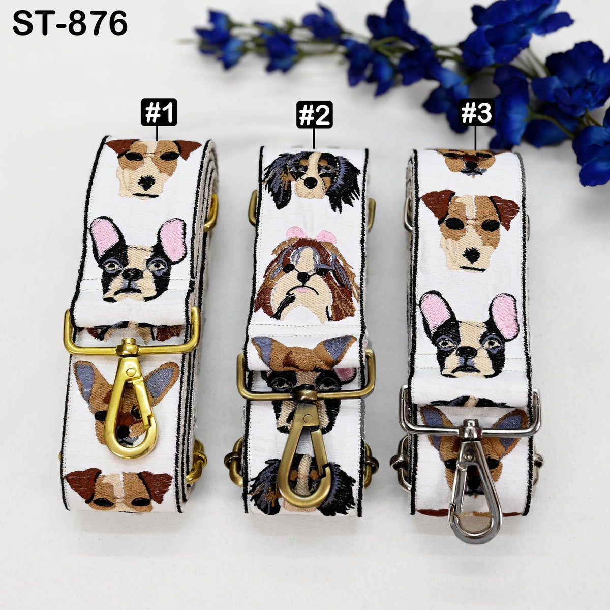 Three dog-themed straps are displayed, each with a different number and design.