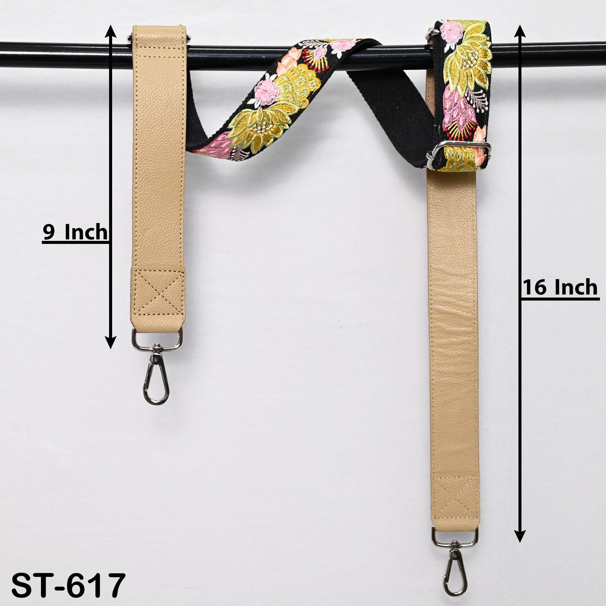 two straps, one 9 inches long and one 16 inches long, with a floral pattern on them. The straps are hanging on a black bar, and there are measurements provided for each strap.