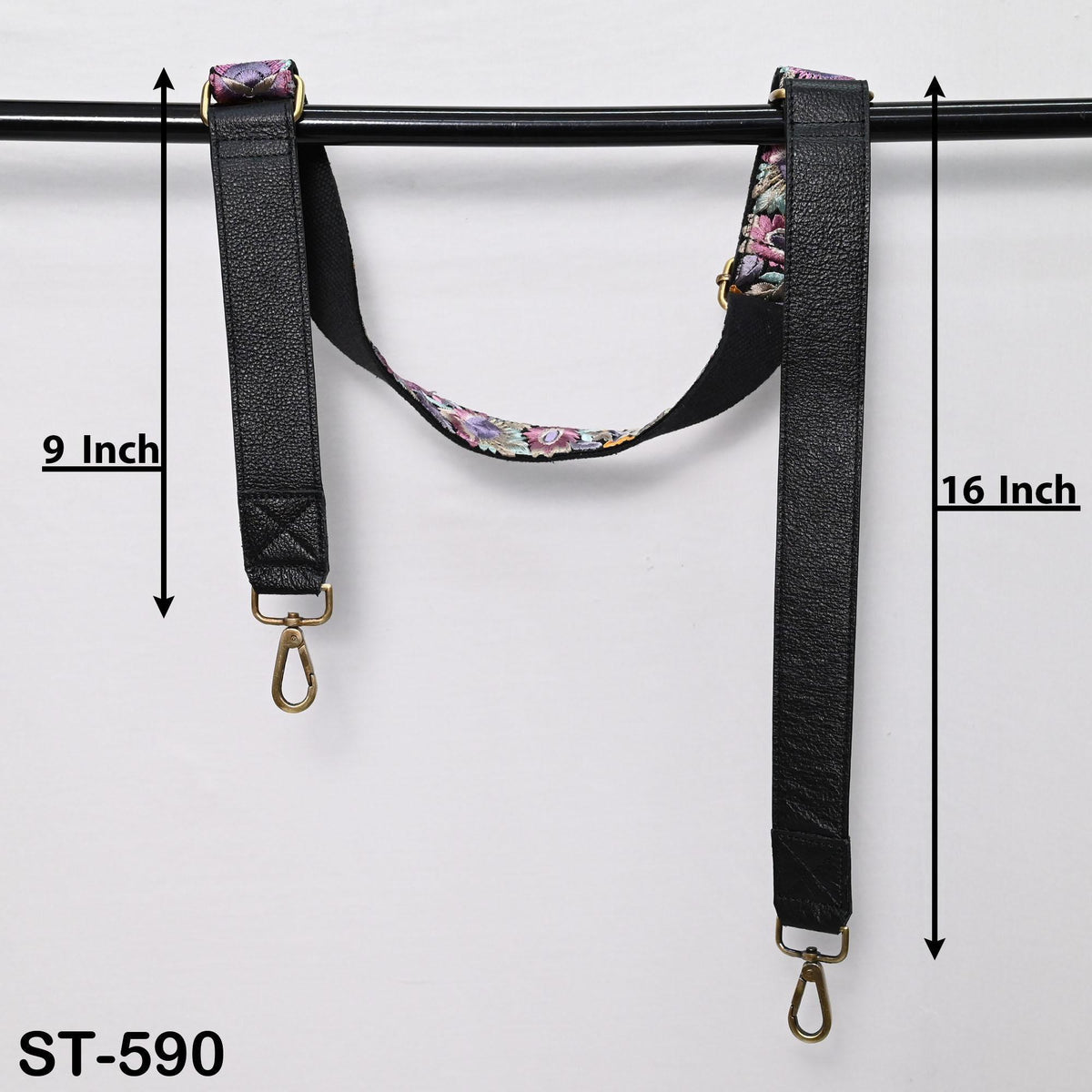 a black leather strap with a floral pattern, hanging from a black rod. The strap is 9 inches long and 16 inches long, as indicated by the text.