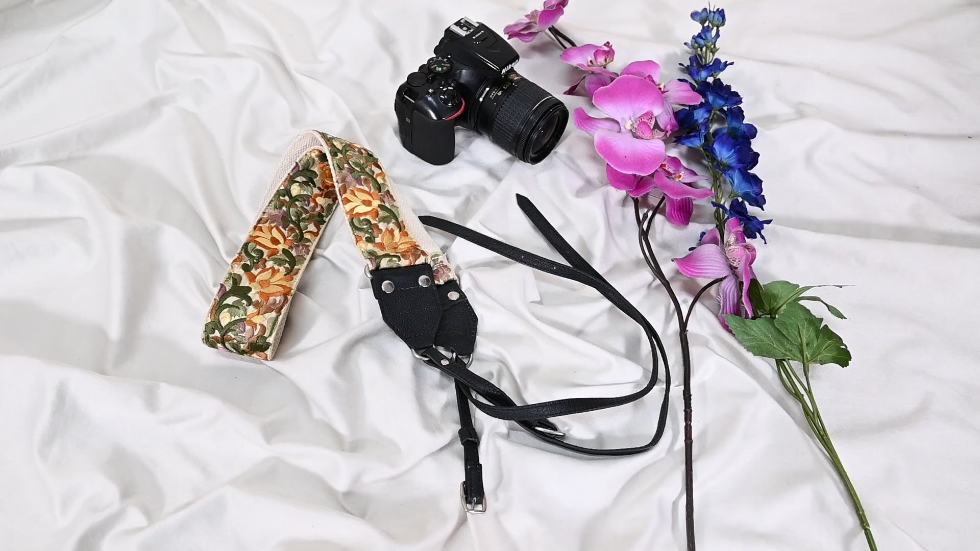 Embroidered Camera Strap: Black Leather, Adjustable DSLR Neck/Shoulder Sling