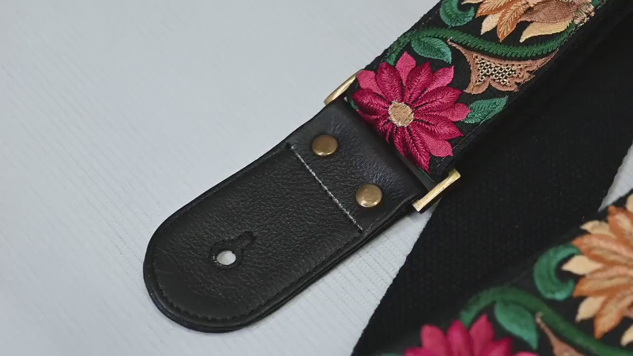 Guitar Strap Leather Strap Adjustable Black Ukulele Embroidery Accessories Christmas Gift, Anniversary, Gift for Musician, Gift for Dad